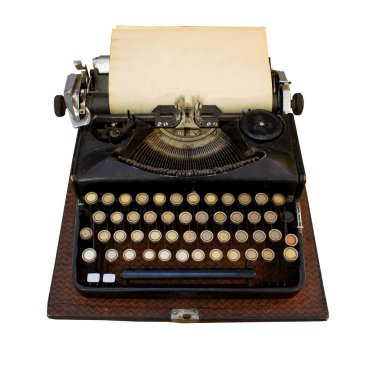 Old typewriter isolated on white background. Retro vintage typewriter and a blank sheet of paper inserted. Black type writer top view