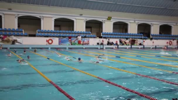 Duży Basen Wielu Ludzi Pływa Ścieżkach Dzieci Chodzą Zajęcia Sportowe — Wideo stockowe