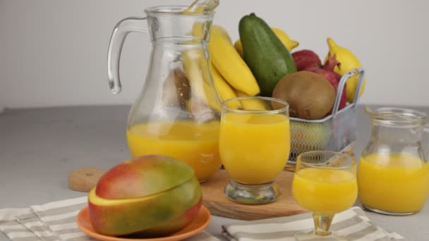 Yellow Refreshing Summer Drinks Fresh Mango Juice Orange Juice Fruit — Video Stock