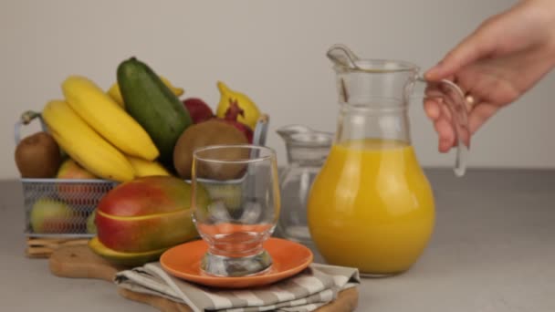 Yellow Refreshing Summer Drinks Fresh Mango Juice Orange Juice Fruit — Stock video