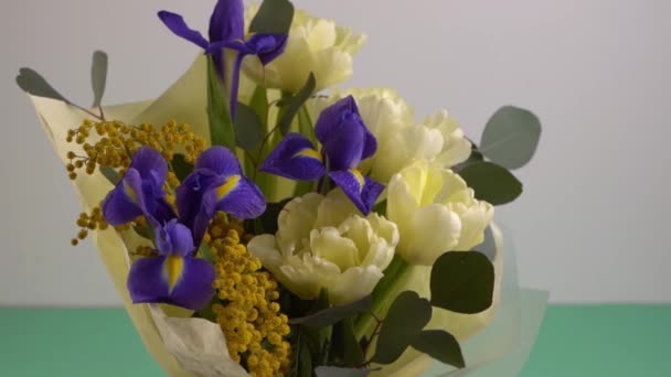 Spring Bouquet Flowers Irises Tulips Mimosa Eucalyptus Yellow Blue Flower — Stock Video