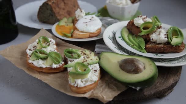 Sandwiches Avocado Soft Cheese Sprinkled Flax Sesame Seeds Breakfast Table — Video Stock