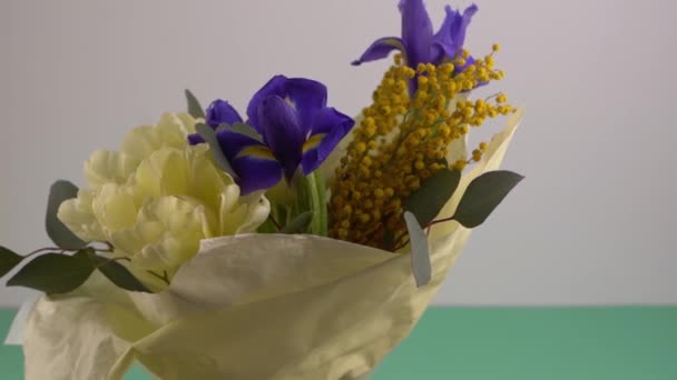 Spring Bouquet Flowers Irises Tulips Mimosa Eucalyptus Yellow Blue Flower — Videoclip de stoc