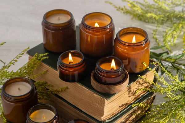 Set Different Aroma Candles Brown Glass Jars Scented Handmade Candle — Fotografia de Stock