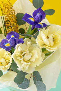 Spring bouquet of flowers. Irises, tulips, mimosa and eucalyptus. Yellow and blue flower. Bud close-up. Floral background. Purple iris, white double tulip. Gift. March mood.