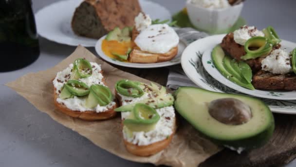 Sandwiches Avocado Soft Cheese Sprinkled Flax Sesame Seeds Breakfast Table — Video Stock