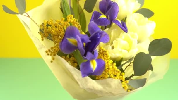 Spring Bouquet Flowers Irises Tulips Mimosa Eucalyptus Yellow Blue Flower — Video Stock