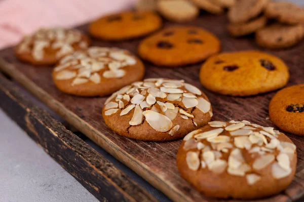 Almond cookies. Food background. Homemade breakfast cookie. Sweet almonds chips snack. Bakery cook. Bake a cake