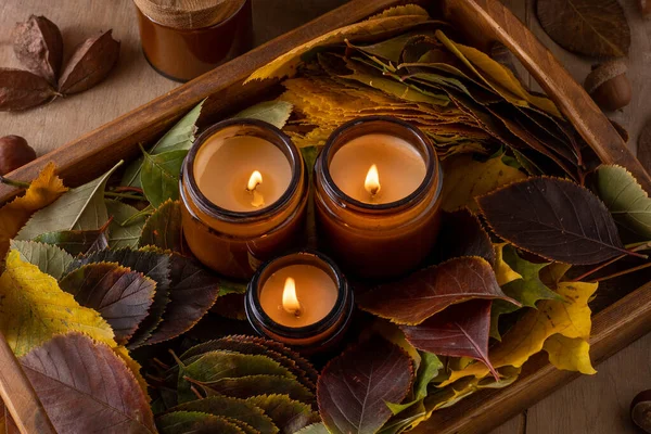 stock image Soy candles burn in glass jars. Tree leaves. Comfort at home. Candle in a brown jar. Scent and light. Scented handmade candle. Aroma therapy. Autumn mood. Cozy home decor in fall. Festive decoration.