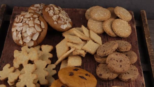 Sada Různých Domácích Sušenek Detailní Záběr Cookie Pozadí Lahodného Pečiva — Stock video