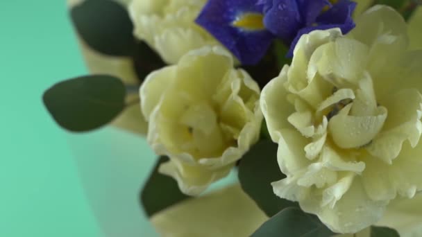 Vårbukett Med Blommor Irländare Tulpaner Mimosa Och Eukalyptus Gul Och — Stockvideo