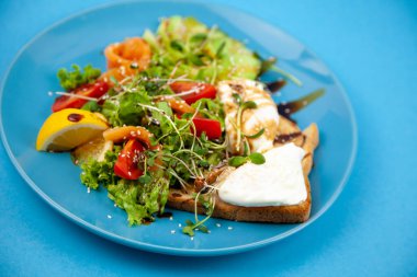 Sağlıklı kahvaltı. Avokado ve somon, haşlanmış yumurta ve tost, salata ve sebze. Tabakta mikroçimler. Yemek kasesi. Mavi tabakta öğle yemeği. Sos ve susam tohumları, limon domatesleri. Üst görünüm.