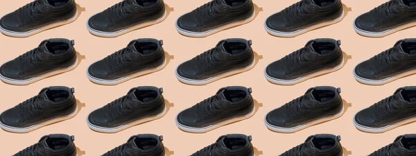 Bannière Modèle Chaussure Chaussures Noires Sur Fond Pastel Beige Vue — Photo