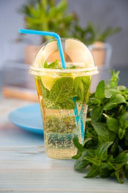 Naneli limon ferahlatıcı kokteyl mojito. Plastik bardakta buzlu ve samanlı. Karbonatlı maden suyu. İçki için bardak. Bar menüsünde limonata. Klasik köpüklü içecek.