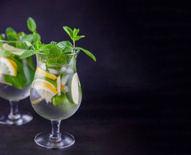 Naneli limon ferahlatıcı siyah arka plan fotokopi alanında buzlu kokteyl mojito. Karbonatlı maden suyu ve limon. İçki için bardak. Bar menüsünde limonata. Klasik köpüklü içecek..