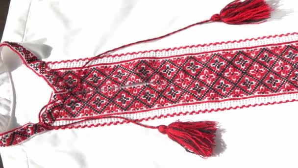 ウクライナの服の刺繍シャツ 赤と黒の糸の背景 ヴィシュヴァンカはウクライナの象徴である 刺繍クロスステッチ ウクライナのステッチ 伝統的な衣服のシンボル — ストック動画