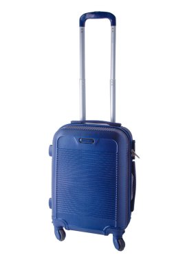 Tekerlekli bavul beyaz arka planda izole edilmiş. Uçağa el bagajı koyun. Bagaj. Teleskopik saplı küçük bir çanta. Mavi plastik bavul.
