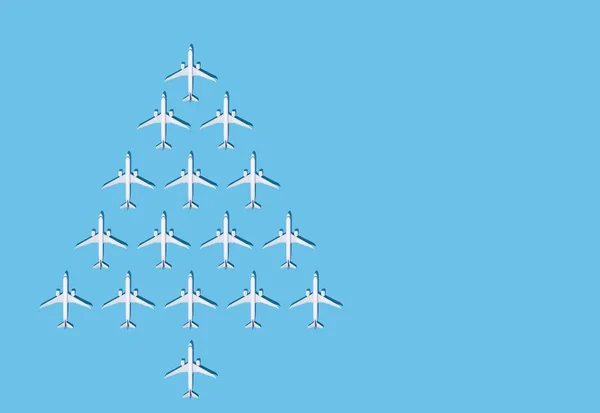クリスマスの背景 飛行機からクリスマスツリー 航空会社のポストカード 空港だ テキストの場所と青の背景スペースをコピーします 青い背景に飛行機からのパターン 空飛ぶ航空会社 飛行機 — ストック写真