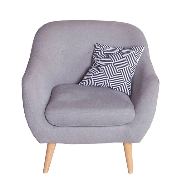 白色背景上的安乐椅 灰色家具现代家具 靠垫的扶手椅 房间和室内装饰 — 图库照片