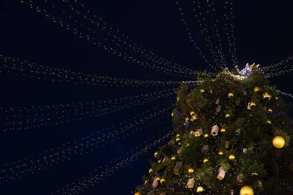 街上的圣诞树在晚上 这些花环在燃烧 假日装饰和玩具 灯光的花环 美丽的光芒 圣诞节的背景喜庆的冬季城市景观 — 图库照片