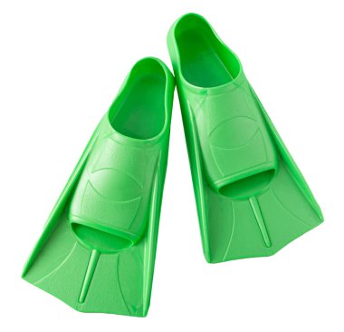 Yazın denizde ve havuzda yüzmek için yeşil yüzgeçliler. Spor malzemeleri izole edildi. Flipper paddle kesildi. Yüzmek için yüzgeçler. Beyaz arkaplanda izole et