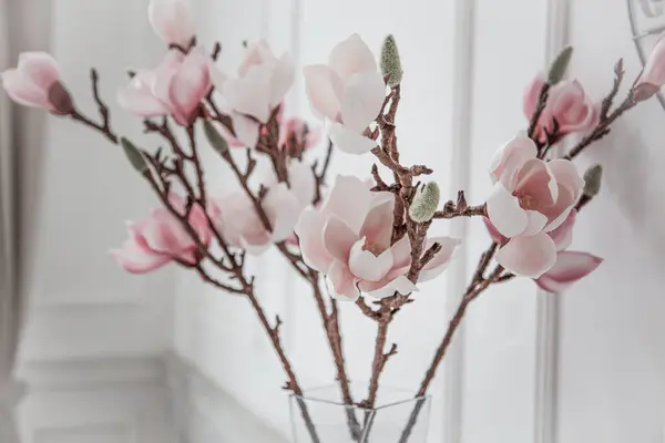 White pink magnolia flowers in a vase. Bouquet of branches with magnolia buds in room interior. Flower background. Nature aesthetic floral concept. Bloom bud closeup