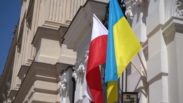 Σημαίες Της Ουκρανίας Και Της Πολωνίας Κυματίζουν Στον Άνεμο Υποστήριξη — Αρχείο Βίντεο