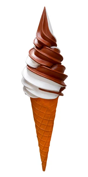 冰淇淋筒 巧克力和奶油双色冰淇淋 棕色和白色 在白色背景上隔离的冰淇淋部分 晶圆锥机 快餐店冷冻甜点 — 图库照片