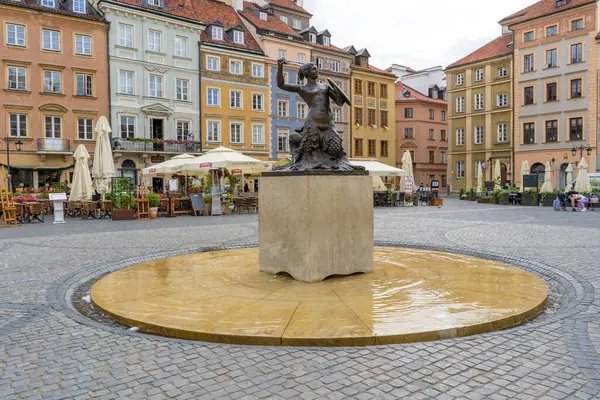 Meerjungfrau Denkmal Altstadt Warschau Polen Bunte Häuser Leere Straße Ohne — Stockfoto