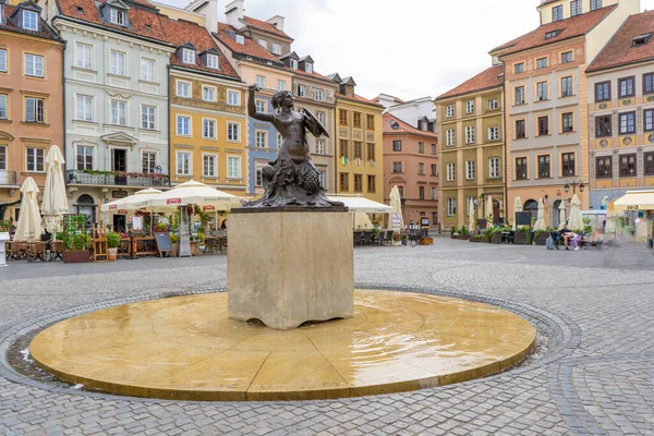 Meerjungfrau Denkmal Altstadt Warschau Polen Bunte Häuser Leere Straße Ohne — Stockfoto
