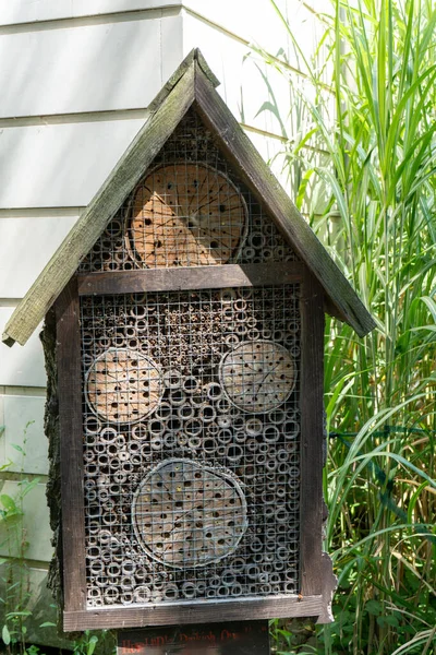 House for insects. A box made of bark, straw and stones. Bricks, cones and bamboo for the insect to settle there. Home hotel for wild bees. Eco friendly do-it-yourself craft for a garden DIY gardening