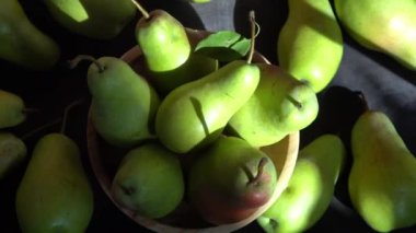 Paris armut çeşitleri. Meyveler masada. Sonbahar hasadı. Armut üst görünüm. Vitamin kasesi tabağı. Yeşil sarı kırmızı armut.