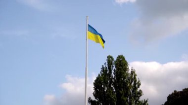 Güzel gökyüzü arka planında Ukrayna 'nın sarı-mavi bayrağı dalgalanıyor. Bayrak direğinde Ukrayna bayrağı