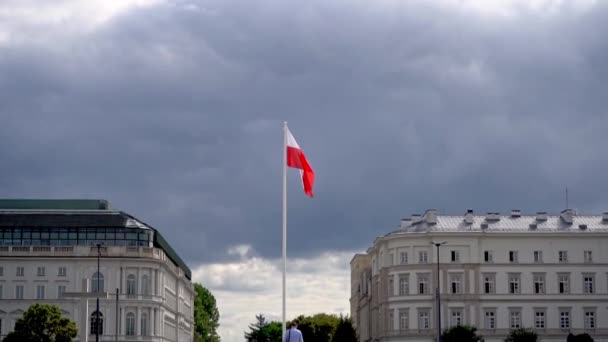 폴란드 국기가 하늘에서 바람에 흔들리고 있습니다 구름에 폴란드 빨간색 깃발입니다 — 비디오