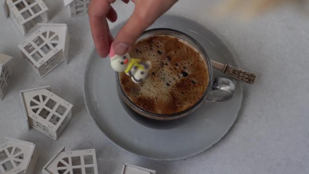 Uma Mão Coloca Marshmallows Uma Xícara Espuma Café Bebida Inverno — Vídeo de Stock