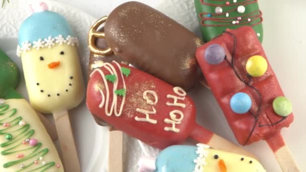 Christmas Dessert Sweet Food Cheesecake Stick Shape Ice Cream Childrens — Stock Video