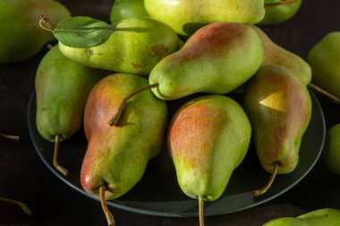 Paris armut çeşitleri. Meyveler masada. Sonbahar hasadı. Üst görünüm armutu. Yeşil sarı kırmızı armut. Vitamin vejetaryen yemekleri..