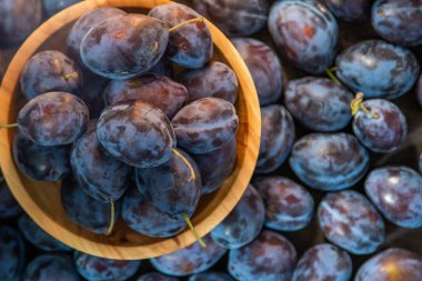 Erikli bir Macar. Mutfaktaki masada meyve hasadı var. Sonbahar mavisi erik. Vitamin kasesi..