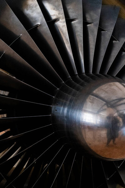 Metal blades. Aircraft turbine detail. Engine plane.