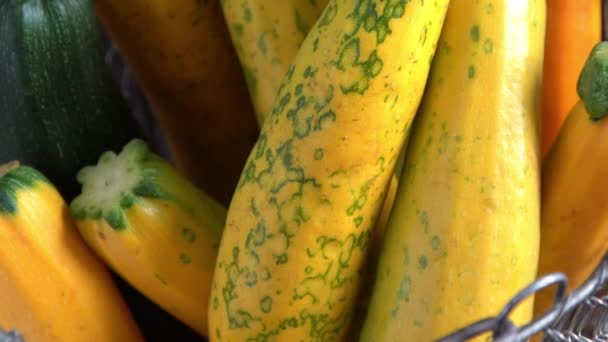 Gelbgrüner Leopard Getupft Zucchini Gemüse Auf Dem Tisch Gemüsemarksernte Lebensmittel — Stockvideo