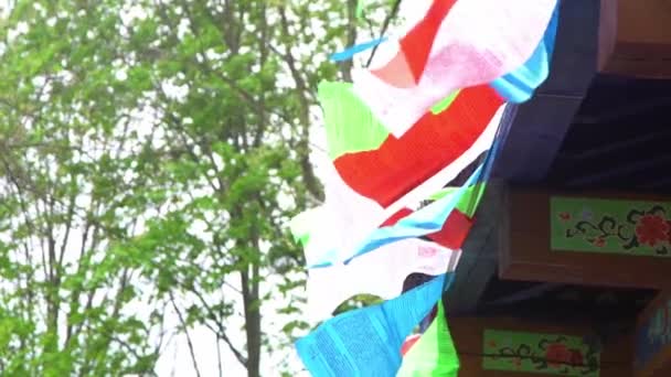 Tibetaanse Kleurrijke Vlaggen Met Gebeden Boeddhistische Traditie Gebedsvlag Tibet — Stockvideo