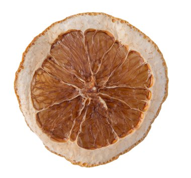 Kuru turuncu beyaz arka planda izole edilmiş. Meyve çemberini kurutuyor..