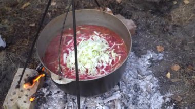 Yürürken kamp ateşinde kırmızı Ukrayna çorbası pişir. Ateşin üstünde yemek pişirmek. Dışarıda kazan var. Lahana sebze çorbası..