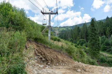 Ormandaki ağaçların devrilmesi sonucu toprak kayması. Karpatlar, doğada teleferik. Yıkım yolu