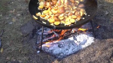Kamp ateşinde yürüyüş yaparken yemek pişirmek. Kızarmış patates. Dışarıdaki yangında kızartma tavası. Doğada sokak yemeği. Yakacak odun