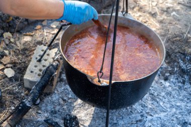 Ateşin üstünde kırmızı Ukrayna Borscht 'u pişirmek. Kamp yemeği. El kaşığı. Yürürken ahşap üzerinde yemek yapmak. Yaz kampı.