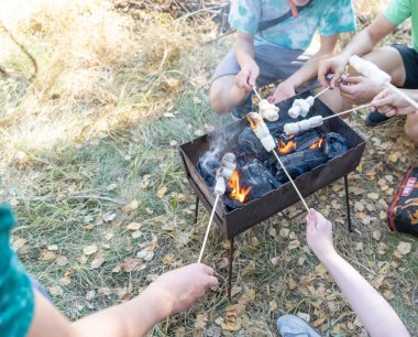 Kamp yaparken kamp ateşinde marşmelov kızartıyorum. Kamp alanındaki dostların elleri barbeküde. Tatlı kamp yemeklerini ateşleyin. Yakacak odun