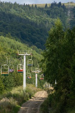 İnsanlar seyahat eder. Kablodan Carpathian Dağı zirvesine. Hills Ormanı. Doğa yazı. Ukrayna, Slavske - 8 Ağustos 2024