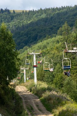 İnsanlar seyahat eder. Kablodan Carpathian Dağı zirvesine. Hills Ormanı. Doğa yaz tatili. Ukrayna, Slavske - 8 Ağustos 2024