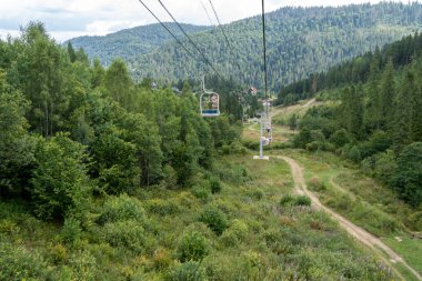 Yeşil ormanda kayak asansörü. Dağlarda Kablo Yolu. Yazın doğa ağaçları